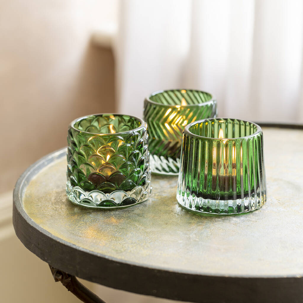 Green Retro Style Cut Glass Tea Light Holders, 1 of 2