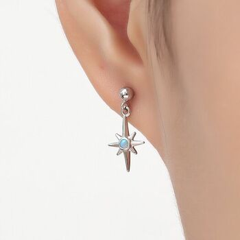 Tiny Blue Opal Aurora Star Dangle Stud Earrings In Sterling Silver, 2 of 10