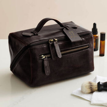 Personalised Leather Lay Flat Wash Bag With Gold Hobby Illustration Tag, 2 of 4