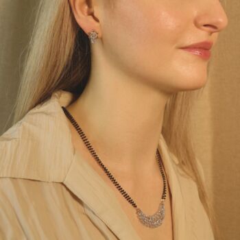 Floral Zircon Mangalsutra Black Beads Earring And Necklace, 3 of 7