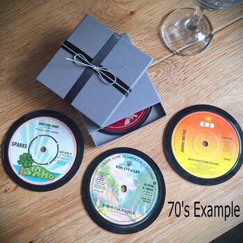 Set Of Four Vinyl Record Drink Coasters Decades 60's 70's 80's 90's 2000's Eighties Noughties Mats Retro Steam Punk Upcycled, 4 of 12