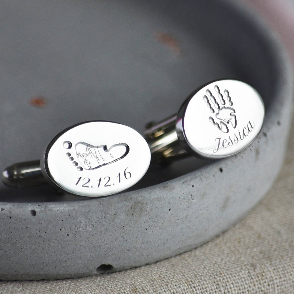 Image of Silver Handprint And Footprint Oval Cufflinks For Dad, Silver