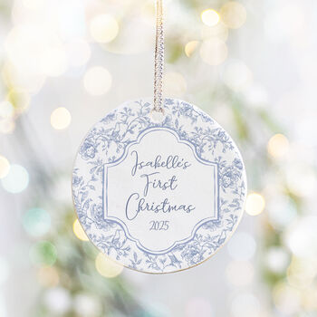 Baby's First Christmas Personalised Floral Ceramic Tree Decoration Pink Or Blue, 2 of 5