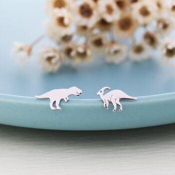 Mismatched Parasaurolophus And T Rex Dinosaur Stud Earrings In Sterling Silver, 6 of 11