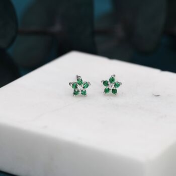 Emerald Green Forget Me Not Flower Cz Stud Earrings Two, 4 of 11