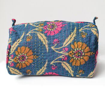 Handmade Toiletry Bag, Blue Kantha Stitch Sari Fabric, 8 of 10