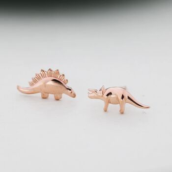 Mismatched Stegosaurus And Triceratops Dinosaur Stud Earrings In Sterling Silver, 6 of 12