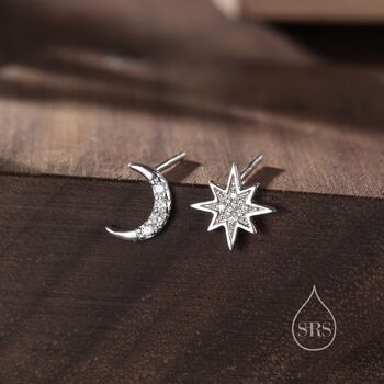 Sterling Silver Asymmetric Moon And Starburst Stud Earrings, 5 of 12