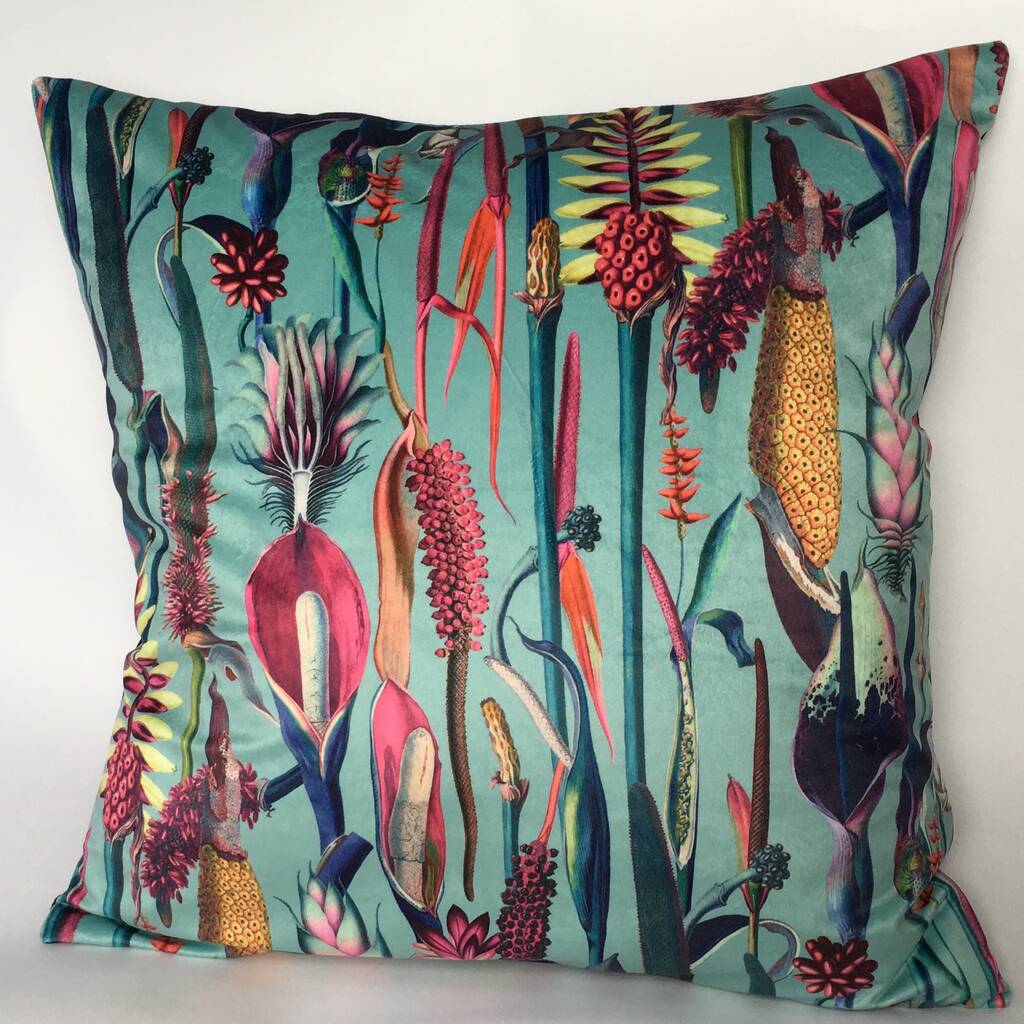 Velvet Tropical Plants Cushion Cover On Turquoise, 1 of 4