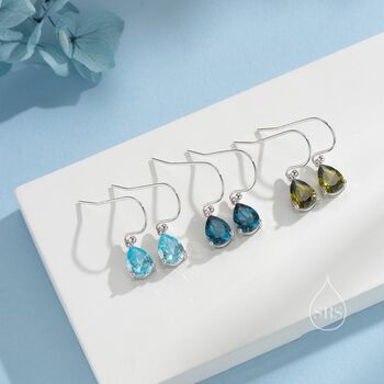 Sterling Silver Olive Green Cz Droplet Drop Earrings, 6 of 12