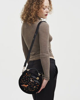 Fox And Owl Embroidered Black Top Handle Saddle Bag, 2 of 8