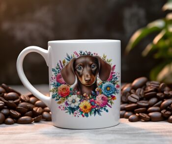 Personalised Chocolate Dachshund Summer Floral Dog Wreath Cushion And Mug Gift Bundle, 2 of 4