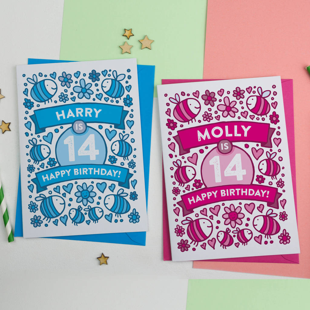 Personalised Bees Illustrated 14th Birthday Card By A Is For Alphabet