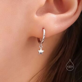 Dangle Star Huggie Hoop Earrings In Sterling Silver, 3 of 11