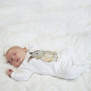 Baby Bunny Rabbit Watercolour Baby Sleepsuit, 5 of 7
