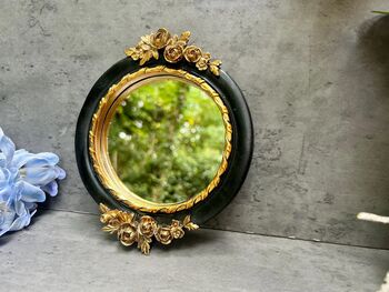 16cm Round Wall Mirror Black Frame With Gold Flower Detail, 4 of 9