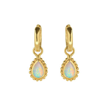 October Birthstone Opal Gold Plated Huggie Hoop Earrings, 2 of 12
