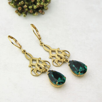 Art Deco Emerald Green Rhinestone Earrings, 3 of 7