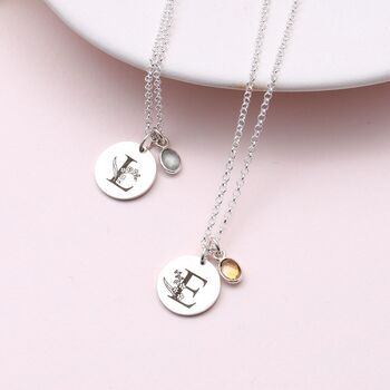 Sterling Silver Birthstone With Floral Initial Necklace, 2 of 5