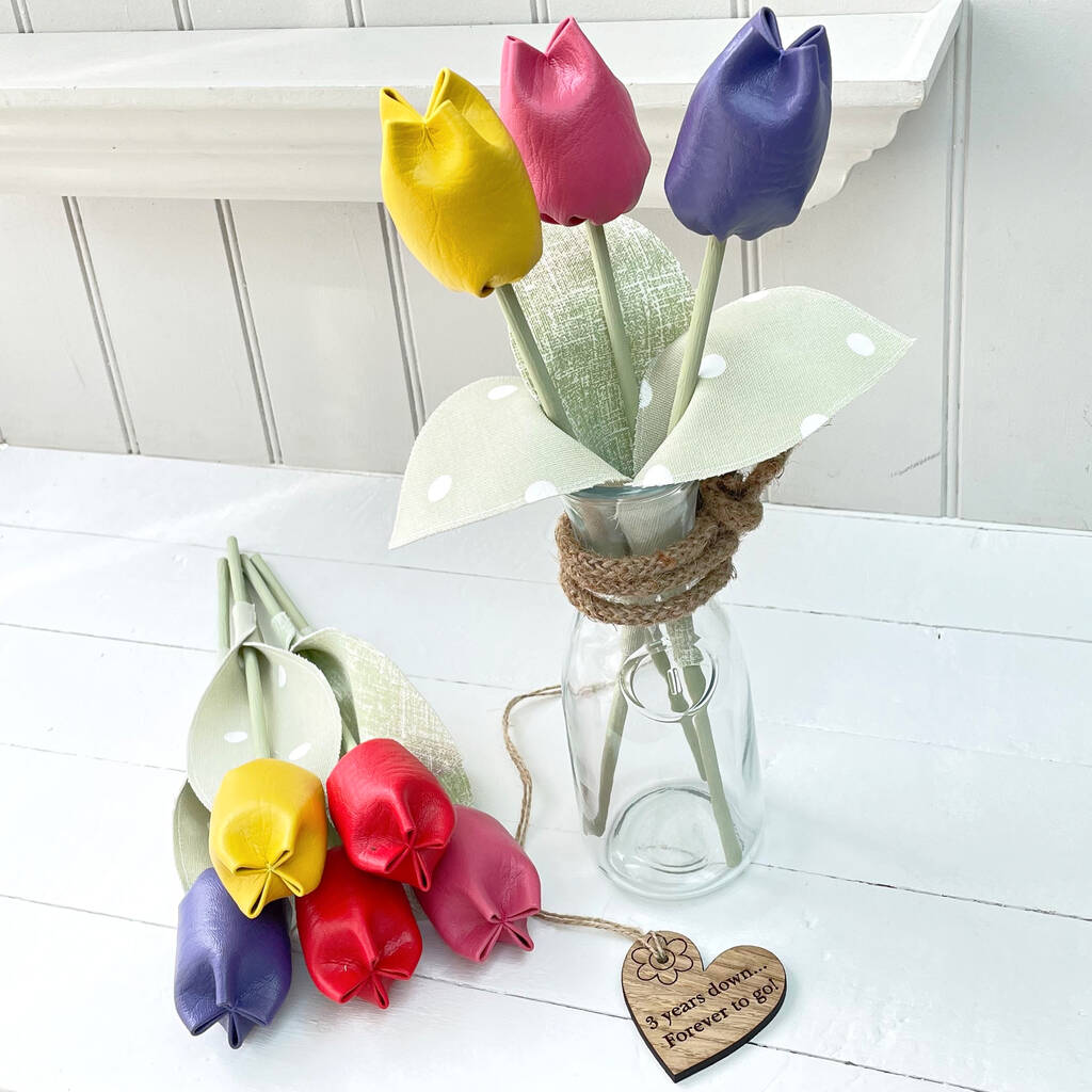 Leather Anniversary Tulips Flowers Bouquet Glass Carafe, 1 of 3