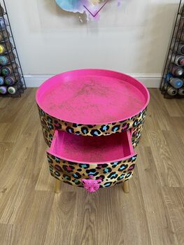 Pink Leopard Print Round Wooden Side Table With Drawer, 4 of 10