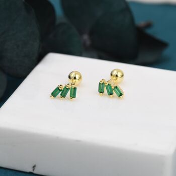 Sterling Silver Emerald Green Baguette Trio Cz Screw Back Earrings, 2 of 12