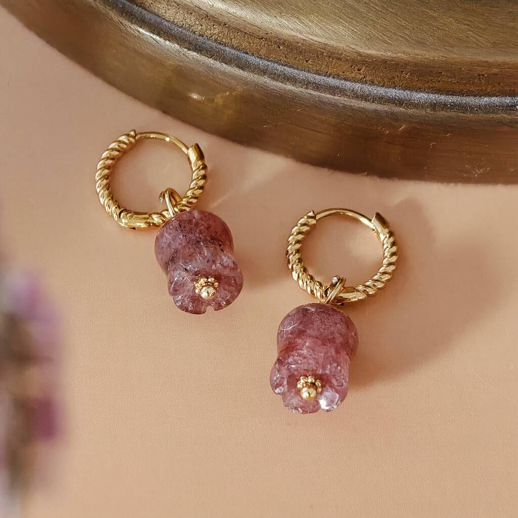 Strawberry Quartz Lily Twisted Huggie Hoop Earrings, 1 of 11