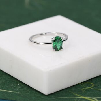 Sterling Silver One Carat Emerald Green Cz Oval Cut Ring, 4 of 11