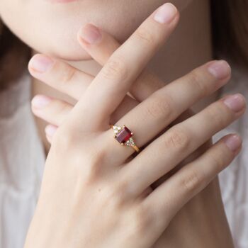 Garnet Emerald Cut Ring In Sterling Silver And Gold, 5 of 10