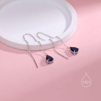 Sterling Silver Sapphire Blue Cz Droplet Threader Earrings, 6 of 12