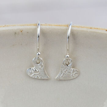 Sterling Silver Mini Tilted Heart Textured Earrings, 2 of 3