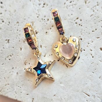 Star And Heart Gem Asymmetric Huggie Hoop Earrings, 2 of 5