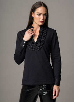 Katiana Black Frill Neckline Cotton Jersey Shirt, 3 of 4