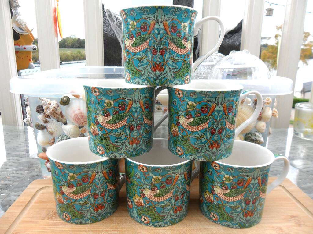 Set Of Six Palace Mugs In William Morris Teal Strawberry Thief Design, 1 of 12