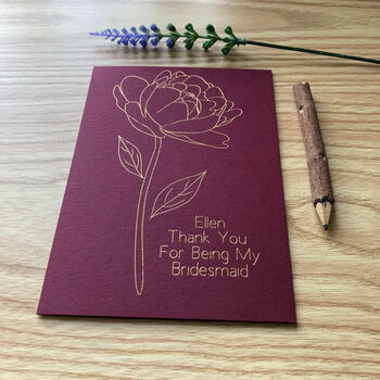 Thank You Bridesmaid Personalised Peony Flower Gold Foil Wedding Card, 4 of 12