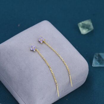 Sterling Silver Purple Hydrangea Flower Cz Threader Earrings, 7 of 11