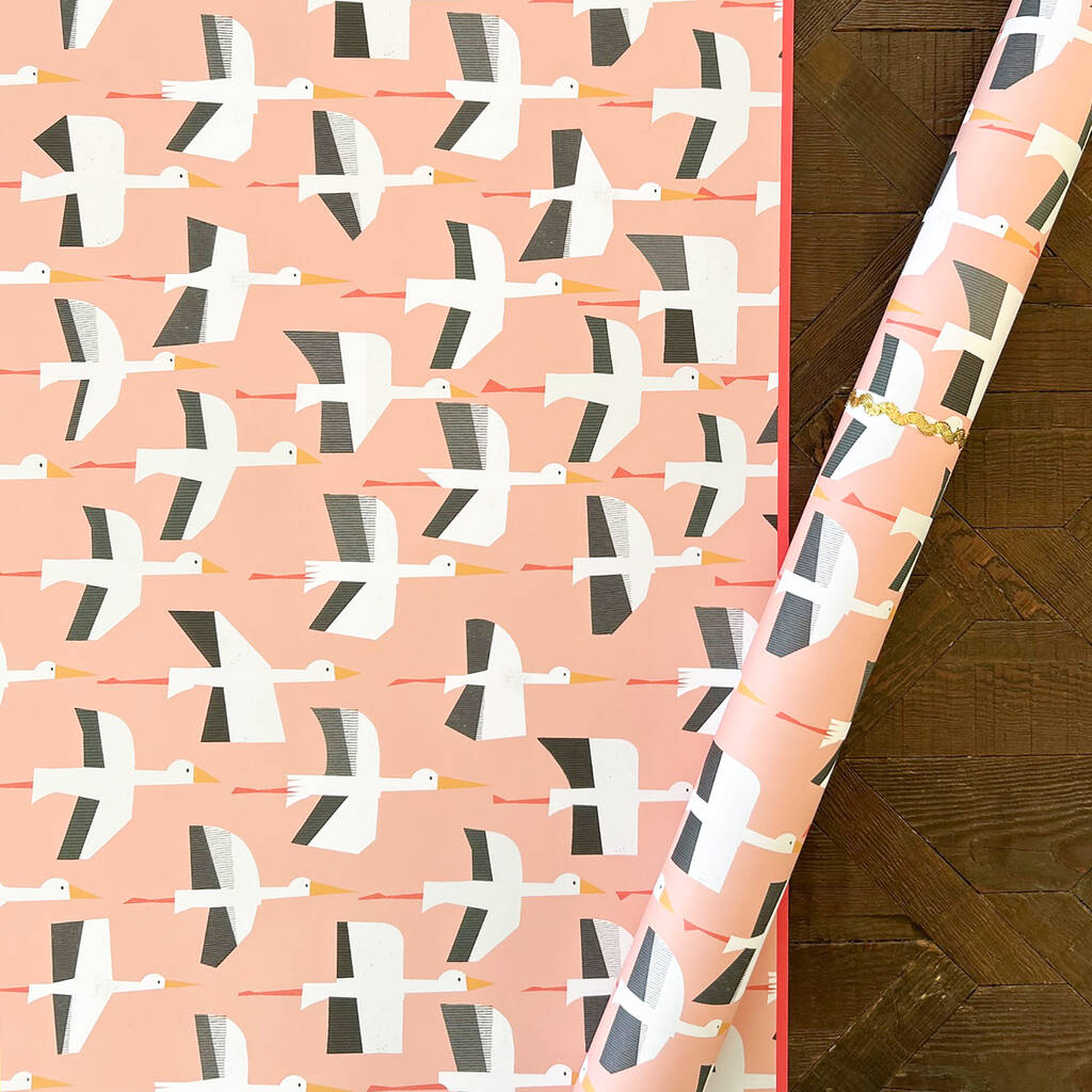 Pink Stork Wrapping Paper Two Sheets, 1 of 7