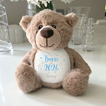 Personalised Born In 2026 Brown Teddy Bear New Baby Arrival Gift, 6 of 7