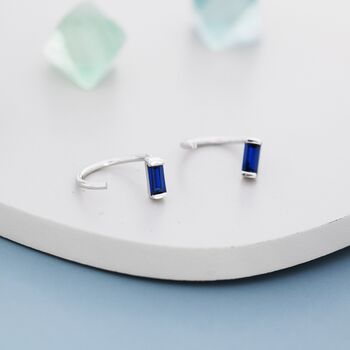 Sapphire Blue Baguette Cut Cz Huggie Hoop Earrings In Sterling Silver, 5 of 11