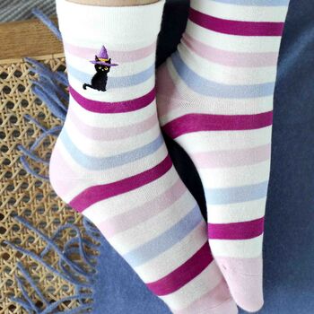 Personalised Black Cat Halloween Witch Soft Socks Gift, 3 of 5