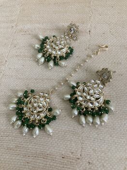 Emerald Green Gold Plated Kundan Earrings And Tikka Set, 4 of 8