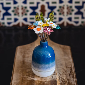 Bright Glass Flower Bouquet And Blue Ceramic Vase, 4 of 9