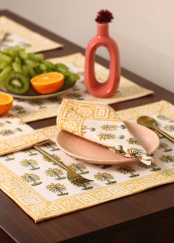 Yellow Block Print Table Mat And Napkin Set Of Two, 3 of 3