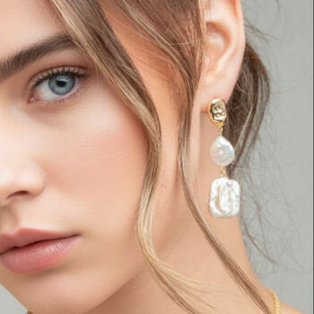 Shinju 18 K Gold Plated Square Pearl Earrings, 2 of 5