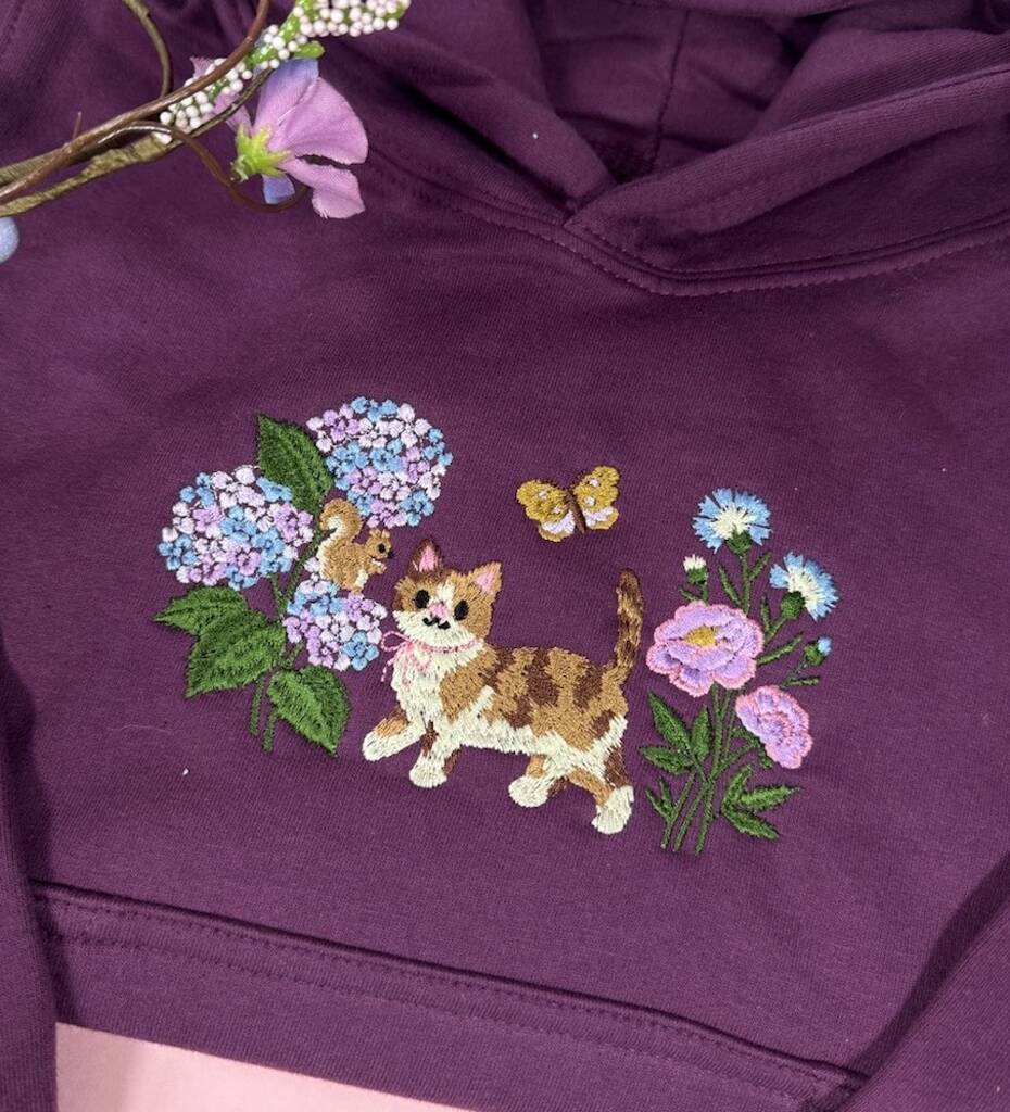 Kids Cottagecore Cat In Flowers Embroidered Hoodie, 1 of 6