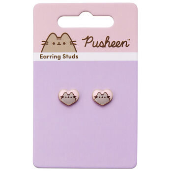 Pusheen The Cat Pink Enamel And Gold Heart Stud Earrings, 5 of 5