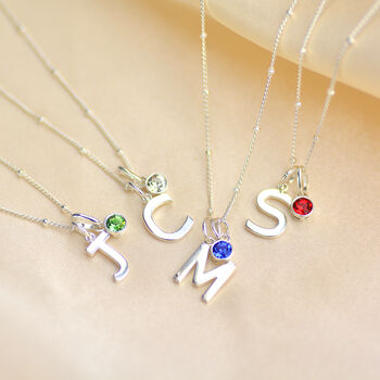 Personalised Sterling Silver Modern Initial And Birthstone Necklace, 2 of 9