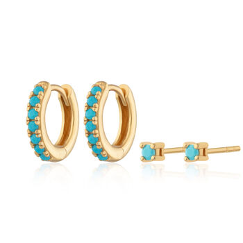 Turquoise Stone Huggie And Tiny Stud Set Of Earrings, 7 of 8