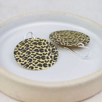 Sterling Silver And Brass Leopard Print Disc Earrings, 3 of 5