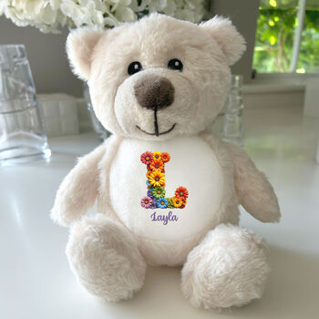 Personalised Flower Alphabet Cream New Baby Teddy Bear, 2 of 6